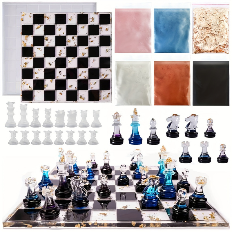 Resin Kit Cast - 23個入りチェスセット シリコンモールド付き - ボードゲーム用DIYクラフトキット、フルサイズ3Dピースと樹脂鋳造モールド付き
